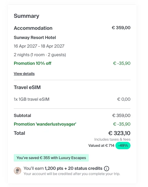 Bewijs van coupon - Luxury Escapes - Luxury Escapes [[luxehotels]] 10% korting op premium hotelboekingen